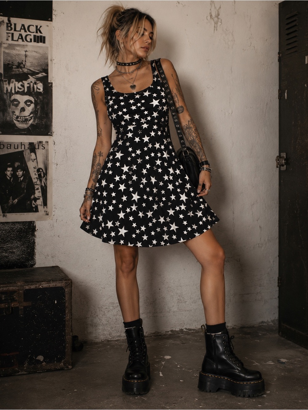 Sleeveless Black Star Print Mini Dress - Women